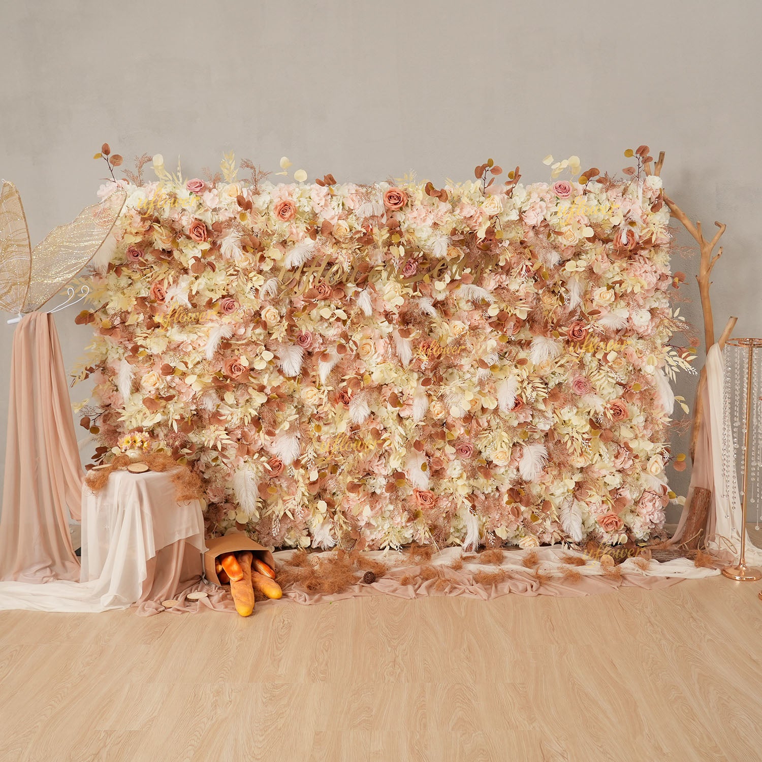 Uflower Flower Wall Champagne Khaki Floral Backdrop Wedding Party Proposal Decor